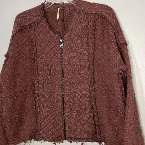 Free People Boho Zip Jacket Womens Size XS Brown Textured Raw Hem Cotton Sweater - Picture 6 of 9